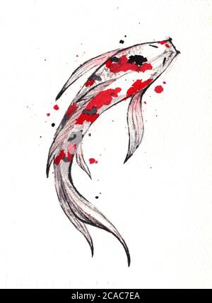 Schöner und brillant gefärbter Koi Karpfenfisch auf weißem Hintergrund. Aquarell Handmalerei. Symbol für Glück und Wohlstand. Stockfoto