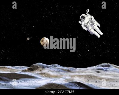 Spaceman in einem Raumanzug im Weltraum. Astronaut landet auf einem Planeten Stockfoto