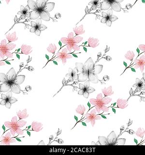 Frühling Kirschblüten Zweige nahtlose Muster, handgezeichnete florale Illustration für Hintergründe, Stoff oder Verpackung Projekte, vintage Sakura Stockfoto