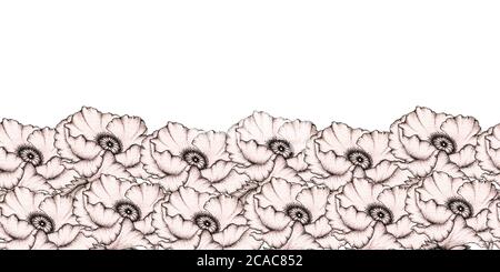 Vintage Mohnblumen nahtlose Grenze, handgezeichnete Tinte florale Illustration Design mit realistischen Mohnblumen für Stoffdekoration, Karte oder Einladung Stockfoto