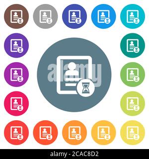 Kontaktverarbeitung flache weiße Symbole auf runden farbigen Hintergründen. 17 Hintergrundfarbvarianten sind enthalten. Stock Vektor