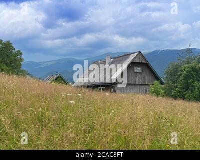 Altes traditionelles Holzhaus in den Karpaten, Ukraine Stockfoto