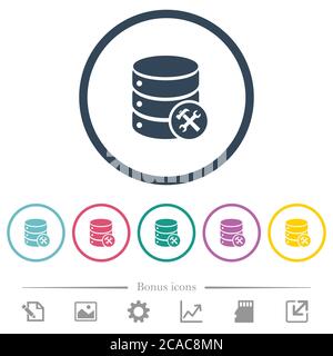 Flache Farbsymbole für die Datenbankpflege in runden Umrissen. 6 Bonus-Symbole enthalten. Stock Vektor
