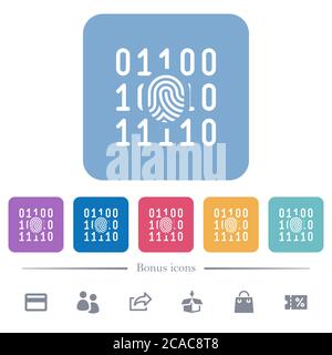Digitale Fingerabdruck flache weiße Symbole in quadratischen Hintergründen. 6 Bonus-Symbole enthalten. Stock Vektor