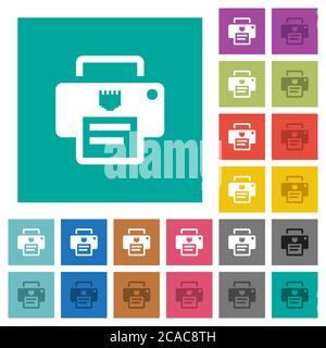 Mehrfarbige flache IP-Drucker-Symbole auf einfachen quadratischen Hintergründen. Weiße und dunklere Symbolvarianten für schwebe- oder aktive Effekte. Stock Vektor