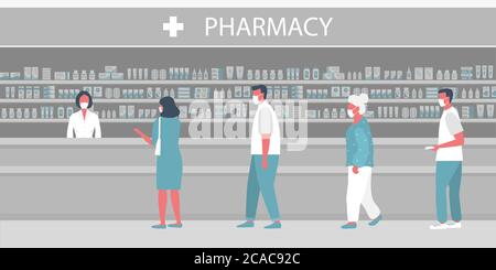 Menschen in medizinischen Masken in der Apotheke. Apotheke während der Coronavirus-Epidemie. Der Apotheker steht in der Nähe der Regale mit Medikamenten Stock Vektor