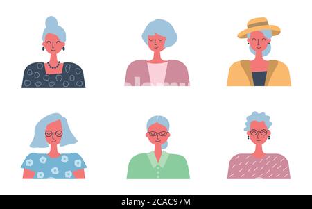 Personensymbole. Sechs Porträts alter Frauen. Verschiedene Frisuren und Kleidung. Vektorgrafik Stock Vektor