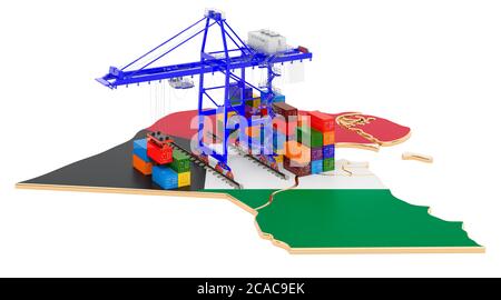 Frachtversand in Kuwait Konzept. Hafenkrane mit Frachtcontainern auf der Kuwait-Karte. 3D-Rendering auf weißem Hintergrund isoliert Stockfoto