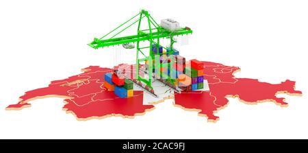 Güterverkehr in der Schweiz Konzept. Hafenkrane mit Frachtcontainern auf der Schweizer Landkarte. 3D-Rendering auf weißem Hintergrund isoliert Stockfoto