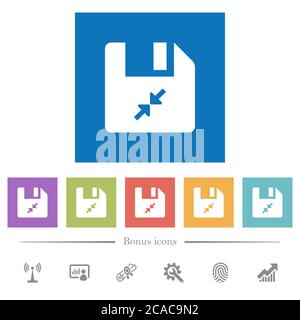 Komprimieren Sie flache weiße Symbole in quadratischen Hintergründen. 6 Bonus-Symbole enthalten. Stock Vektor