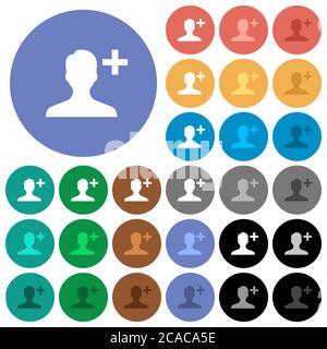 Fügen Sie neue Benutzer mehrfarbige flache Symbole auf runden Hintergründen. Weiße, helle und dunkle Symbolvarianten für schwebe- und aktive Statuseffekte sowie bo enthalten Stock Vektor