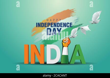 Indian Happy Independence Day Feiern mit stilvollen 3d indien Text und fliegende Taube. Stock Vektor