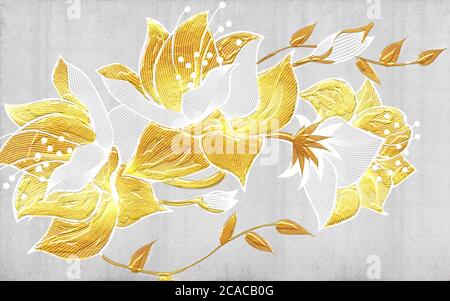 Abstrakt fabelhafte goldene Blumen auf einem grauen Grunge Hintergrund Stockfoto