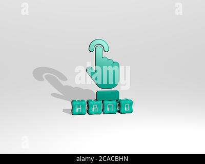 3D-Grafik-Bild der HAND vertikal zusammen mit Text von metallischen kubischen Buchstaben aus der oberen Perspektive gebaut, ausgezeichnet für das Konzept Präsentation und Diashows. Illustration und Hintergrund Stockfoto