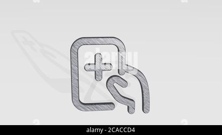 MEDIZINISCHE APP TABLET werfen Schatten mit zwei Lichtern. 3D-Illustration von metallischen Skulptur auf einem weißen Hintergrund mit milder Textur. Pflege und Arzt Stockfoto