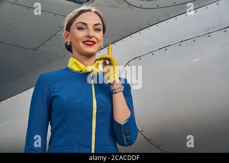 Gut aussehende junge Stewardess lächelt an der Kamera Stockfoto