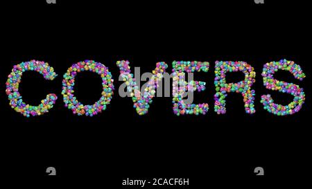 Cover: 3D-Darstellung des Textes aus kleinen Objekten auf schwarzem Hintergrund mit Schatten. Abstrakt und Design Stockfoto