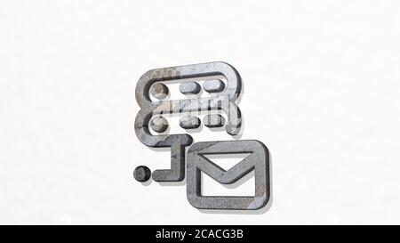 SERVER-MAIL an der Wand. 3D-Illustration der metallischen Skulptur auf einem weißen Hintergrund mit milder Textur. Daten und Computer Stockfoto