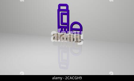 3D-Grafik-Bild von Kleber vertikal zusammen mit Text von metallischen kubischen Buchstaben aus der oberen Perspektive gebaut, ausgezeichnet für das Konzept Präsentation und Diashows. Illustration und Hintergrund Stockfoto