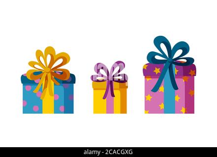 Bunte Geschenke mit Schleifen für eine Party oder Feier. Drei Geschenkschachteln in hellem Geschenkpapier. Flache Vektorgrafik isoliert in Weiß Stock Vektor