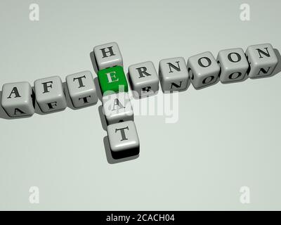 Kreuzworträtsel des Sommers: Nachmittagshitze angeordnet durch kubische Buchstaben auf einem Spiegelboden, Konzept Bedeutung und Präsentation. Schön und Hintergrund. 3D-Illustration Stockfoto