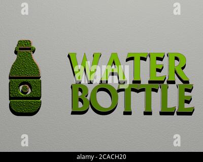 3D-Illustration von Wasserflasche Grafiken und Text von metallischen Würfel Buchstaben für die damit verbundenen Bedeutungen des Konzepts und Präsentationen gemacht. Hintergrund und blau Stockfoto
