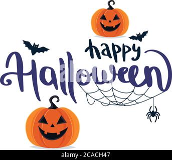 Halloween Schriftzug mit Kürbissen und Fledermäusen Stock Vektor