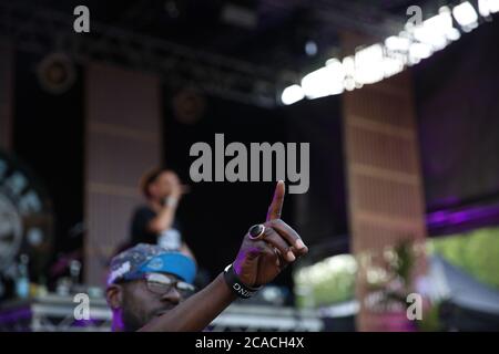 Mungos Hi-Fi-Soundsystem mit Gästen wie Brother Culture treten am 28. Mai 2018 live auf dem Curb Present Jam on Rye Festival in Peckham auf. Stockfoto