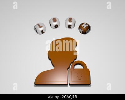 3D-Grafik-Bild der Sperre vertikal zusammen mit Text um das Symbol von metallischen kubischen Buchstaben aus der oberen Perspektive gebaut, ausgezeichnet für das Konzept Präsentation und Diashows. Illustration Stockfoto