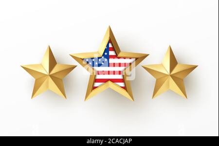 Golden realistischer 3d-Stern mit amerikanischer Flagge isoliert auf weißem Hintergrund. Gestaltungselement für patriotische amerikanische Plakate, Karten. Vektorgrafik Stock Vektor