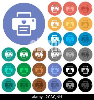 Mehrfarbige flache IP-Drucker-Symbole auf runden Hintergründen. Inklusive weißer, heller und dunkler Symbolvarianten für schwebe- und aktive Statuseffekte sowie bonu Stock Vektor