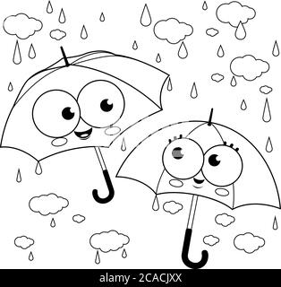 Niedliche Regenschirm-Charaktere im Regen. Vektor schwarz-weiß Malseite Stock Vektor