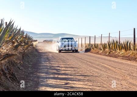 Ein Auto fährt entlang einer Schotterstraße in der trockenen, trockenen, ländlichen Landschaft Südafrikas Stockfoto