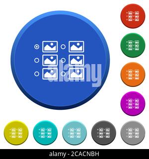 Auswahl einzelner Bilder mit Optionsfeldern runde, abgeschrägte Farbschaltflächen mit glatten Oberflächen und flachen weißen Symbolen Stock Vektor
