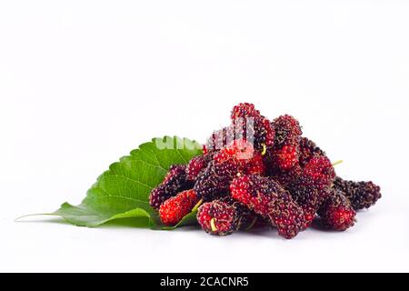 Maulbeere mit Blatt auf weißem Hintergrund gesunde Maulbeere Obst Nahrung isoliert Stockfoto