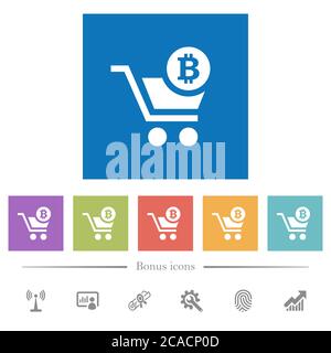 Kasse mit Bitcoin Warenkorb flache weiße Symbole in quadratischen Hintergründen. 6 Bonus-Symbole enthalten. Stock Vektor