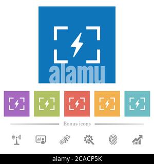 Kamera-Blitzmodus flache weiße Symbole in quadratischen Hintergründen. 6 Bonus-Symbole enthalten. Stock Vektor