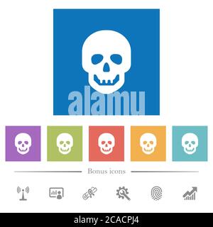 Menschlicher Schädel flache weiße Symbole in quadratischen Hintergründen. 6 Bonus-Symbole enthalten. Stock Vektor