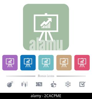 Präsentationstabelle mit aufsteigenden weißen flachen Symbolen auf farbigen gerundeten quadratischen Hintergründen. 6 Bonus-Symbole enthalten Stock Vektor