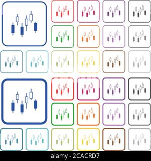 Candlestick Diagramm Farbe flache Symbole in abgerundeten quadratischen Rahmen. Dünne und dicke Versionen im Lieferumfang enthalten. Stock Vektor