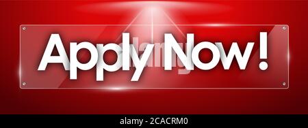 Jetzt Wort in transparenten Glasformen anwenden Stockfoto