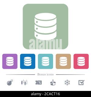 Weiße flache Symbole für einzelne Datenbanken auf abgerundeten quadratischen Hintergründen. 6 Bonus-Symbole enthalten Stock Vektor