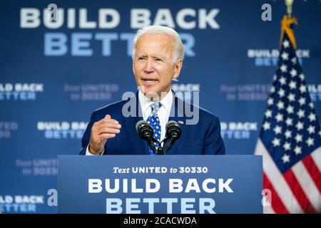 WILMINGTON, DELAWARE, USA - 28. Juli 2020 - US-Präsidentschaftskandidat Joe Biden spricht auf der Build Back Better Pressekonferenz zu Economic Equity in Stockfoto