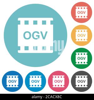 OGV Film-Format flache weiße Symbole auf runden farbigen Hintergründen Stock Vektor