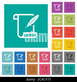 Papierrolle mit mehrfarbigen flachen Symbolen mit Federfarben auf einfachem quadratischem Hintergrund. Weiße und dunklere Symbolvarianten für schwebe- oder aktive Effekte. Stock Vektor