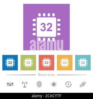 Mikroprozessor 32 Bit Architektur flache weiße Symbole in quadratischen Hintergründen. 6 Bonus-Symbole enthalten. Stock Vektor