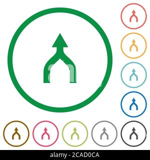 Pfeile nach oben zusammenführen flache Farbsymbole in runden Umrissen auf weißem Hintergrund Stock Vektor