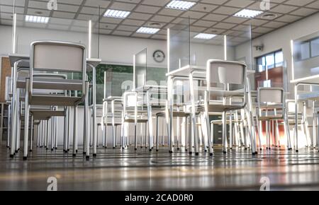 Das Innere einer Schule mit Schreibtischen, die mit Plexiglas-Schutzschirmen ausgestattet sind, um eine soziale Distanzierung zu ermöglichen, um eine covid 19-Infektion zu verhindern. 3d-Rendering. Stockfoto