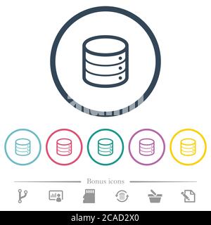 Flache Farbsymbole einer Datenbank in runden Umrissen. 6 Bonus-Symbole enthalten. Stock Vektor
