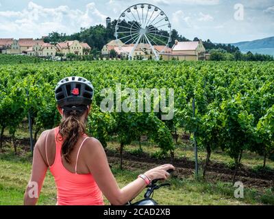 Kaukasische Radfahrerin mittleren Alters mit Blick auf Weinberge in der Nähe von Zajeci. Mähren in der Tschechischen Republik ist ein beliebtes Radsportgebiet in der Nähe der Grenze zu Österreich. Stockfoto